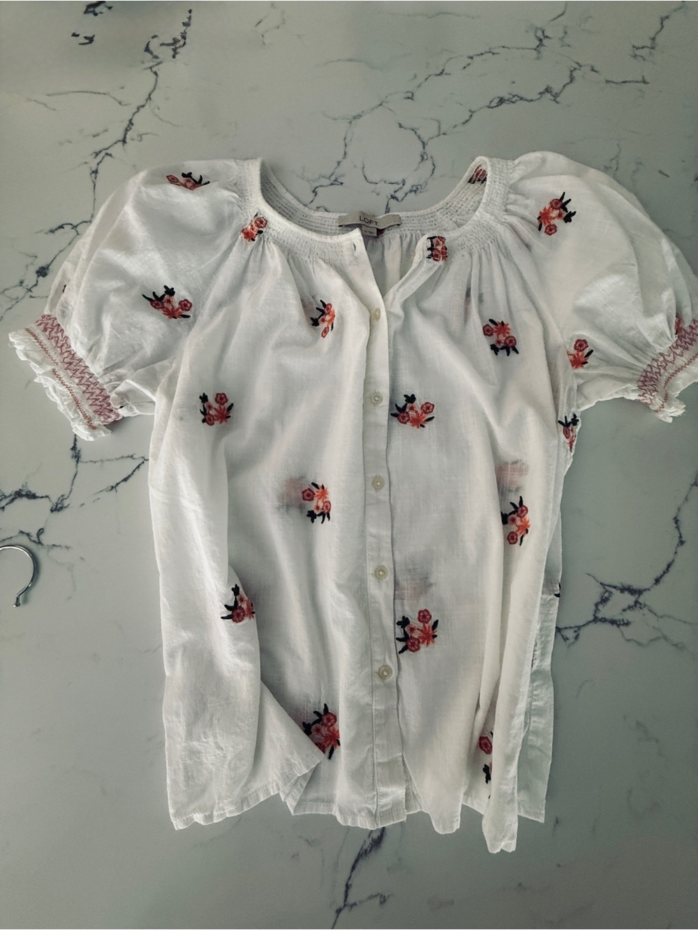 LOFT White Button-Front Peasant Blouse with Pink Floral Embroidery - Picture 7 of 7